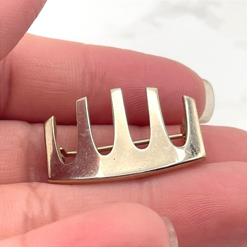 Vintage Gold Tone Brooch Pin Modernist Abstract Geometric Bar Crown Style Estate